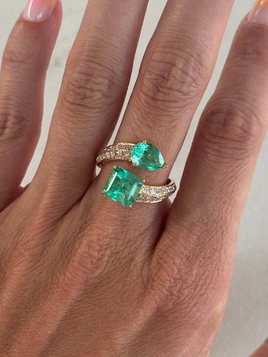Vintage 3.77 TCW 18K Emerald & Diamond Bypass Ring