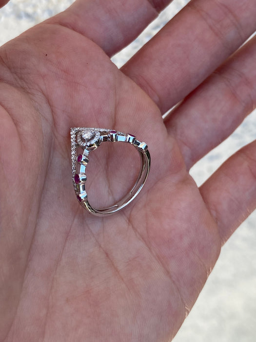 Vintage 18K White Gold Ruby & Diamond Chevron Ring