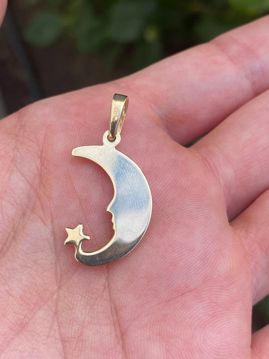 14k puffy moon with star charm pendant