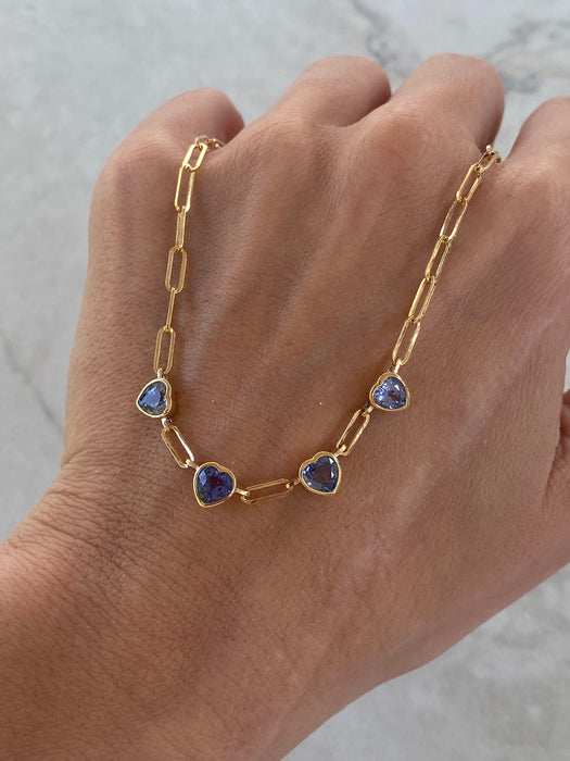 14K Gold Blue Sapphire Heart Paperclip Necklace