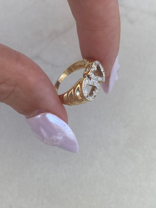 Vintage 14K Gold Double Heart Diamond Pinky Ring