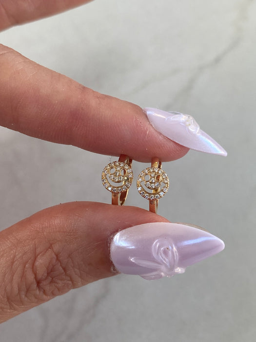14K Natural Diamond Smiley Huggie Earrings