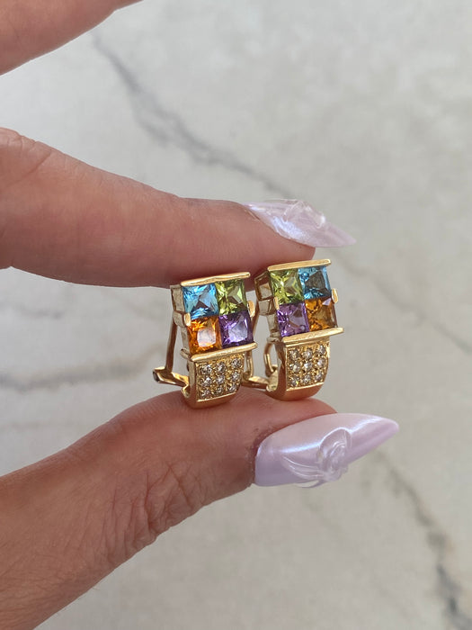 Vintage 14K Rainbow Gemstone & Diamond Omega Back Earrings