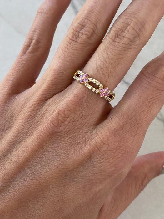 Vintage 18K Gold Pink Sapphire Flower & Diamond Double Row Ring