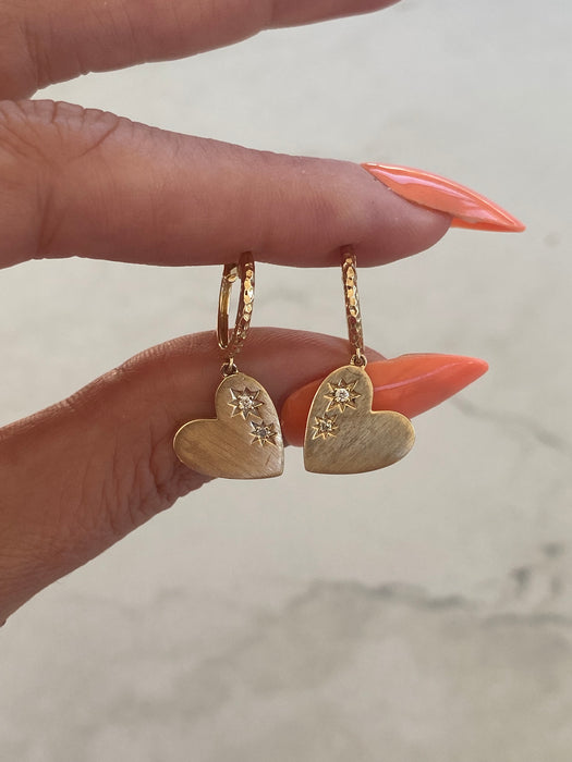 14K Gold Diamond Heart Charm Huggie Earrings