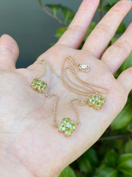 14k peridot clover bead station necklace 18”