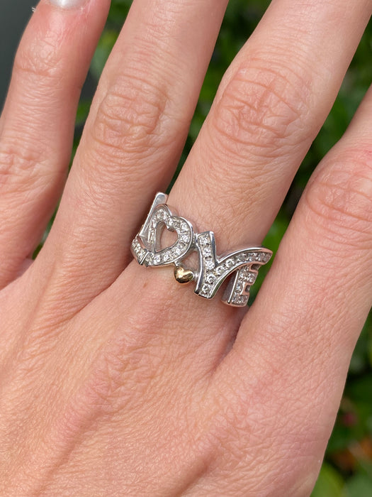 Vintage 18K White Gold Diamond Love Ring with Rose Gold Heart