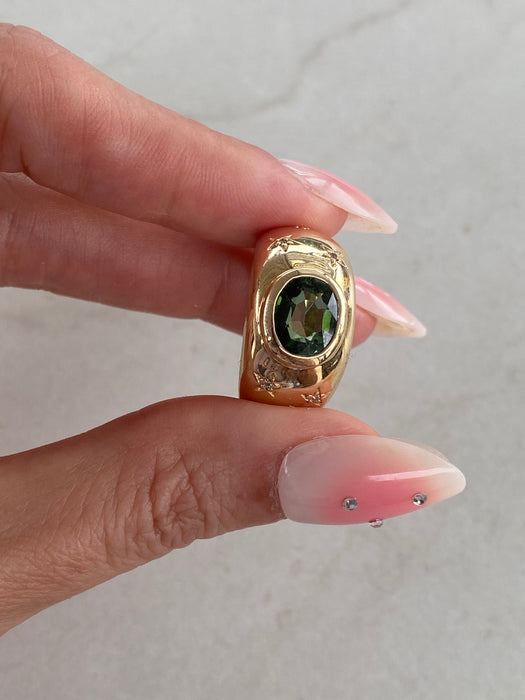14K Green Tourmaline & Diamond Star Bombe Ring