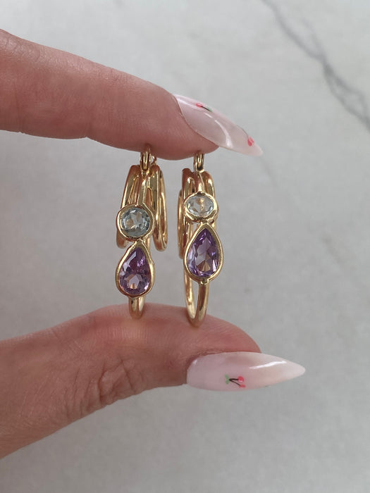 14K Vintage Blue Topaz & Amethyst Hoop Earrings