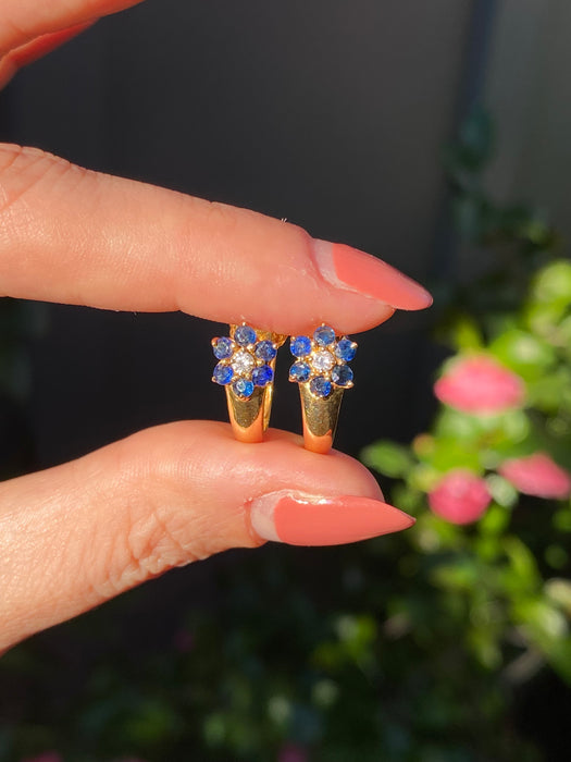 Vintage 18K Ruby Sapphire Diamond Flower Huggie Earrings