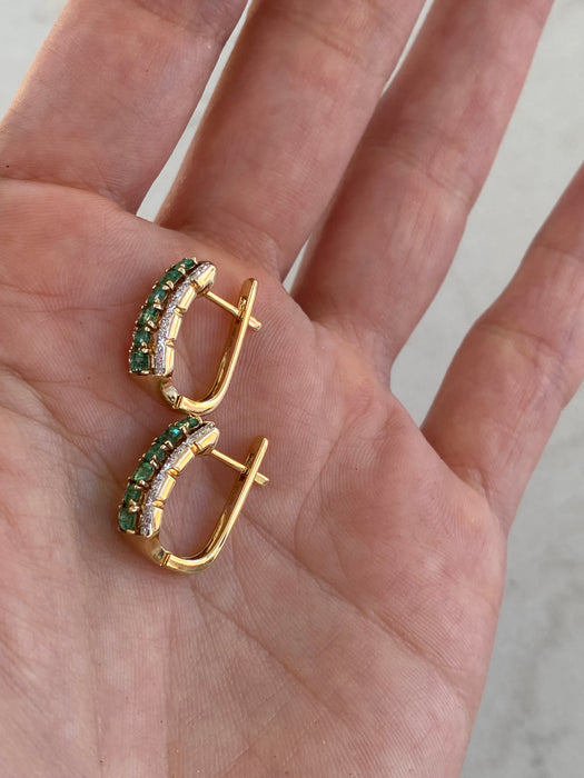 14K Gold Emerald & Diamond Huggie Hoop Earrings