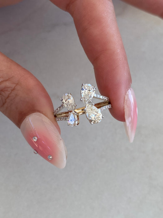 14K Gold Pear 1.75 Carat Lab Diamond Pear Double Band Ring with Open Front Design