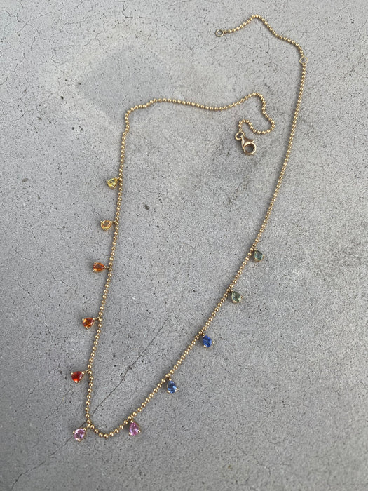 14K Gold Rainbow Pear Sapphire Station Bead Necklace — 2.20 Carats