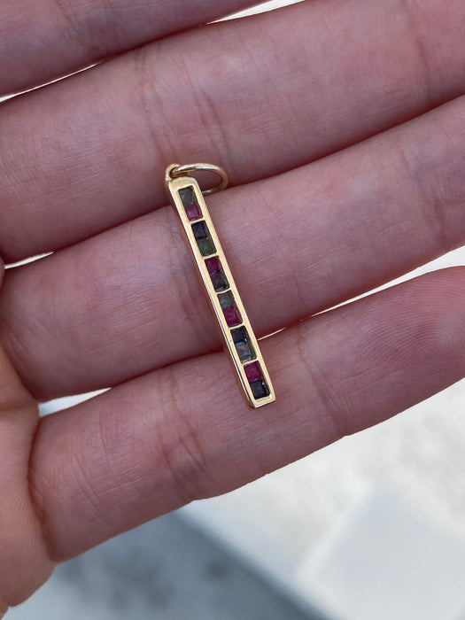 14K Gold Channel Set Emerald, Sapphire & Ruby Bar Pendant – 0.55 TCW Princess Cut Gemstone Pendant