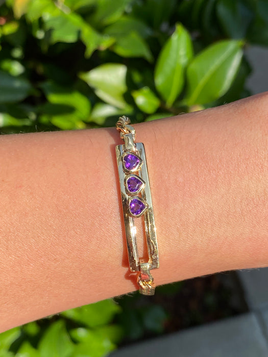 14k custom handmade slider amethyst heart curb bracelet 7”