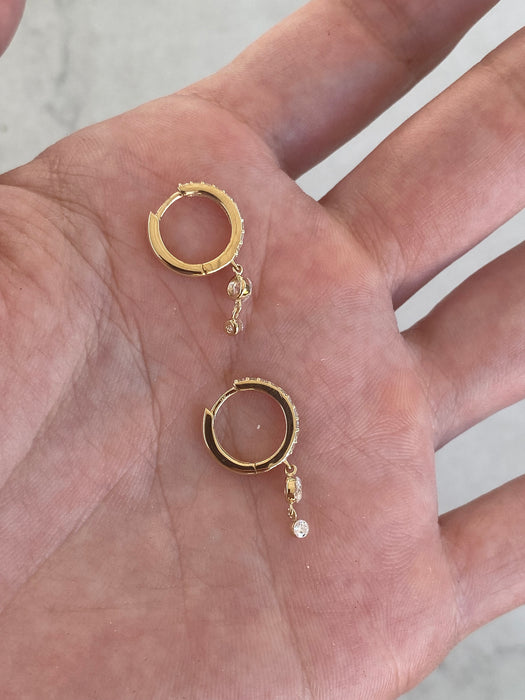 14K Gold Lab Diamond Huggie Earrings with Double Diamond Drops