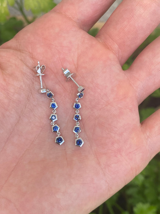 14K White Gold Blue Sapphire Hexagon Dangle Earrings