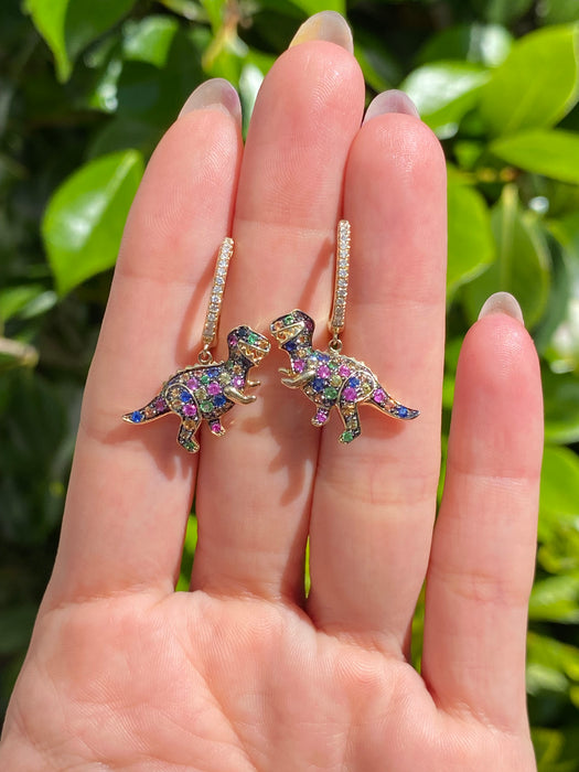 14k diamond rainbow sapphire T. rex huggie earrings