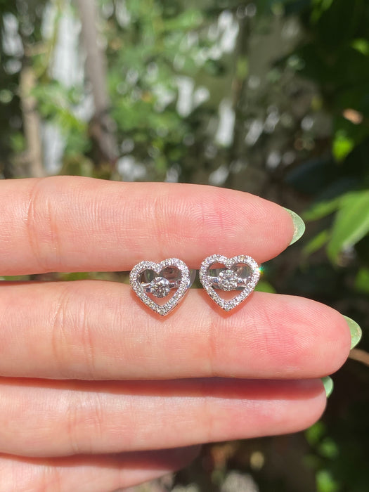 14k white gold diamond heart dancing stud earrings