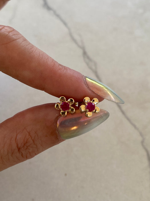 14K Natural Ruby Flower Stud Earrings — 0.35 TCW