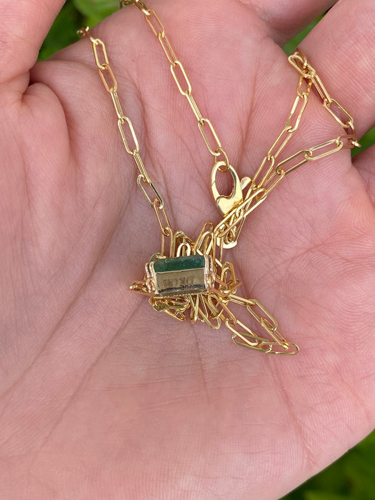 14K Gold Natural Emerald Paperclip Necklace – 2.24 CT Emerald Cut Emerald