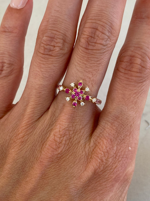 14K Gold Ruby Star Snowflake Ring with Pink Sapphire & Diamond Accents