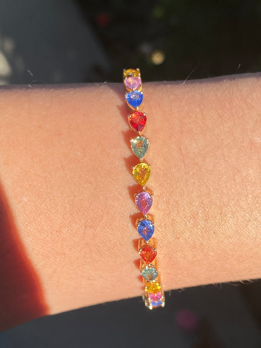 14k Gold Pear Cut Rainbow Sapphire Tennis Bracelet | Multicolor Sapphire Bracelet