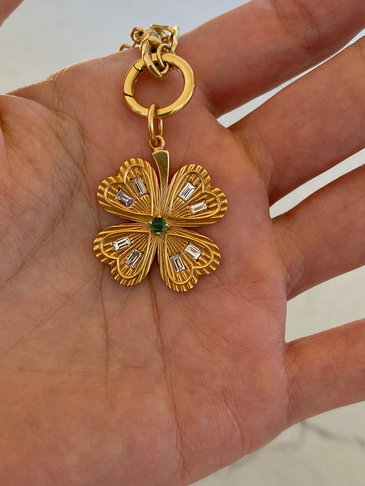 14K Gold Fluted Diamond & Emerald Four-Leaf Clover Charm