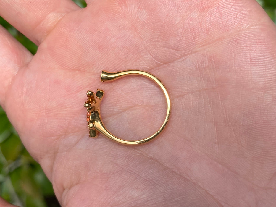 Vintage 18K Gold Orange Sapphire Rabbit Ring with Black Diamond Eye & Emerald Accent