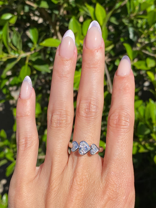 Vintage Platinum 900 Triple Heart Natural Diamond Ring