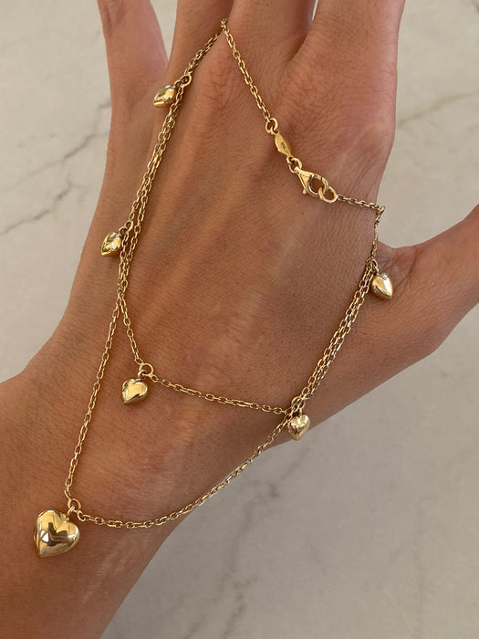 14K Gold Double Layer Heart Necklace with Dangling Heart Detail