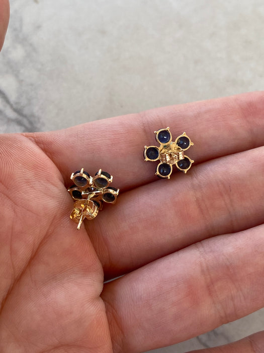 14K Gold Blue Sapphire & Diamond Flower Stud Earrings