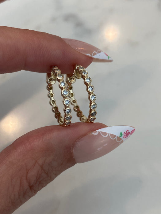 14K Gold Bezel Set Natural Diamond Huggie Hoop Earrings