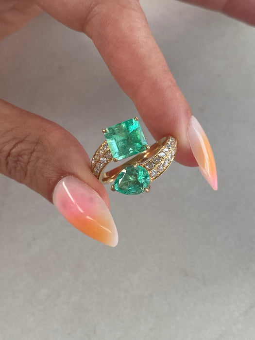 Vintage 3.77 TCW 18K Emerald & Diamond Bypass Ring