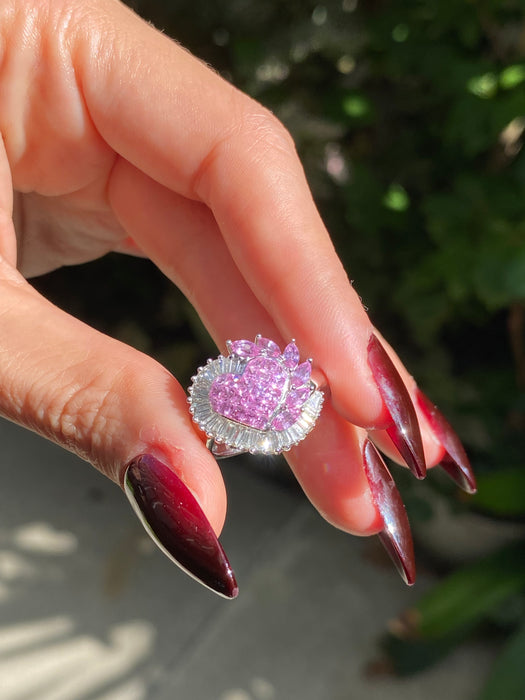 18k white gold invisible set pink sapphire heart diamond ring size 6