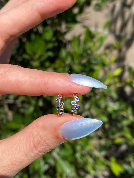 14K Gold Blue Sapphire Bezel Set Huggie Earrings