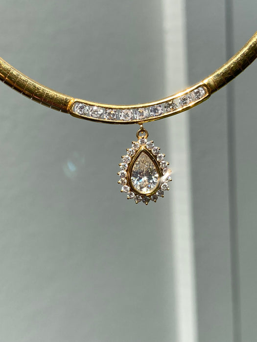 Vintage 18K Gold Diamond Herringbone Necklace 16” – 2.65 TCW Pear Halo Pendant