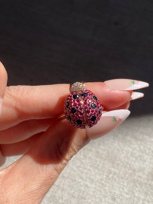 18K Rose Gold Ruby & Diamond Ladybug Ring with Hidden Opal