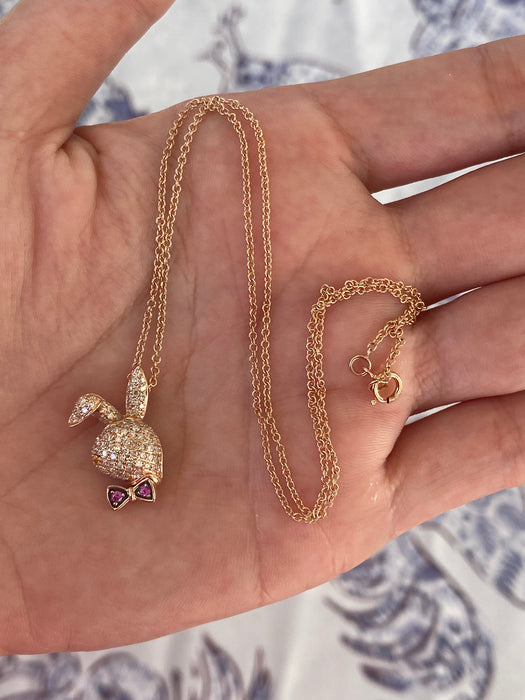 18k rose gold diamond ruby rabbit necklace