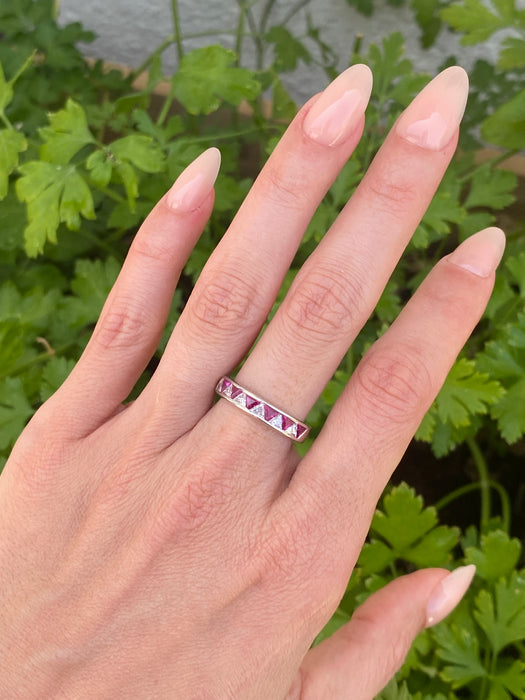 Vintage Platinum 900 Ruby & Diamond Trillion Ring Size 6
