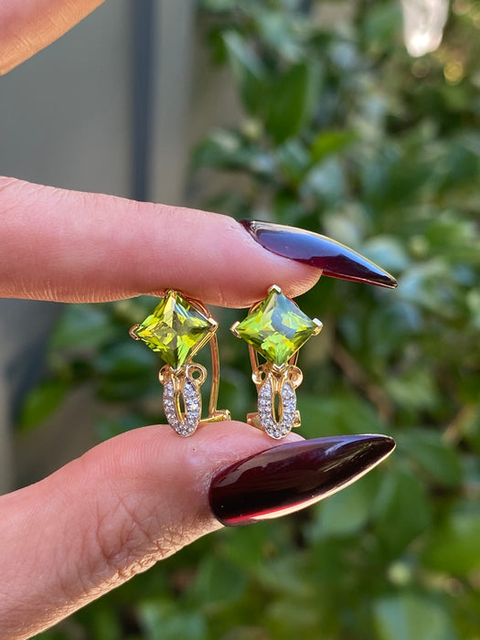 Vintage 14k Gold Peridot and Diamond Omega Back Earrings | Princess Cut Peridot