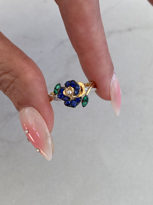 14K Gold Sapphire, Emerald & Diamond Flower Ring