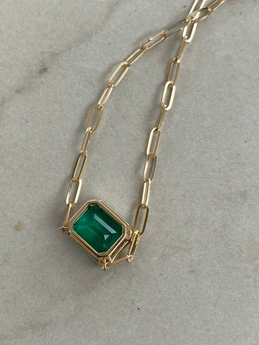 14K Gold Paperclip Chain Necklace with Lab-Grown Emerald Pendant