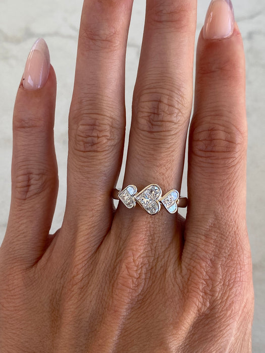 Vintage Platinum 900 Triple Heart Natural Diamond Ring