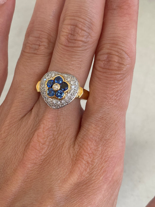 Vintage 18K Gold & Platinum Diamond and Blue Sapphire Flower Heart Ring