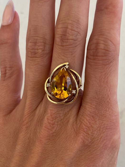 Vintage 14K Gold Pear Citrine & Diamond Ring