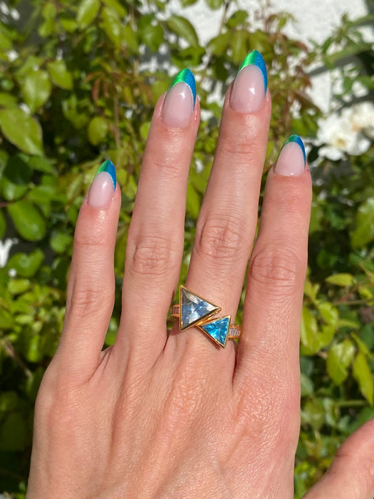 14k diamond aquamarine topaz trillion bypass ring size 6.5