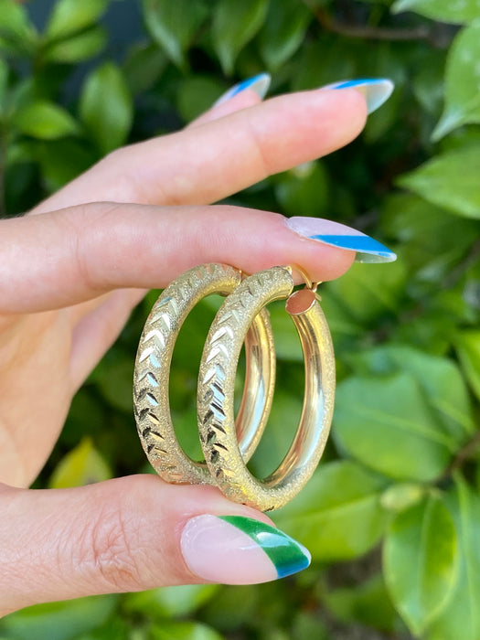 14k diamond cut textured hoop earrings