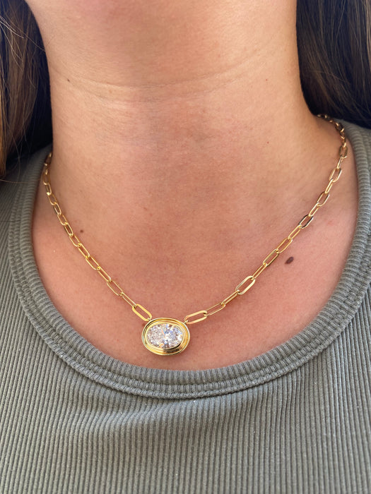 14K Gold Paperclip Necklace with 3 Carat East-West Oval Lab Diamond