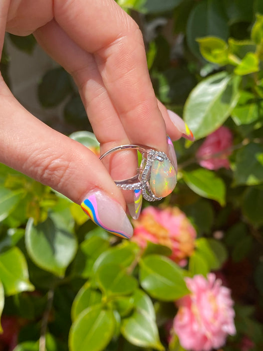 Platinum 900 opal and diamond ring size 6.5